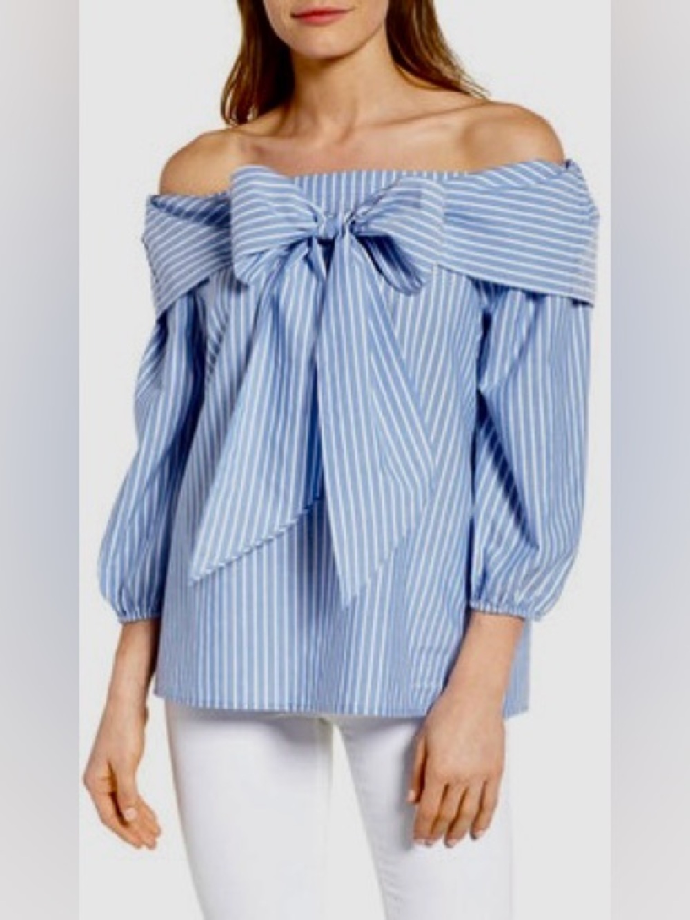 Pleione Blue White Striped Off Shoulder Bow Blouse Size M Coastal Summer Top